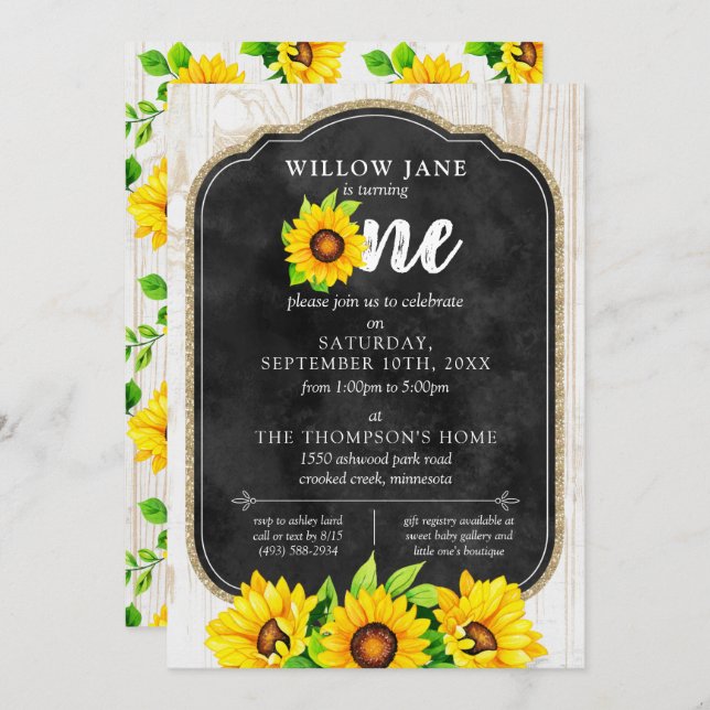 1st Birthday Sunflower & Rustic Wood Country Farm Invitation (Front/Back)