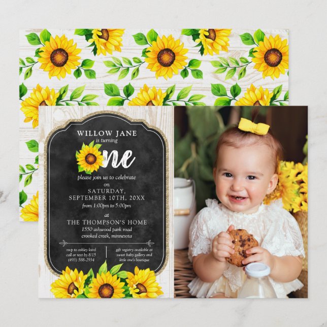 1st Birthday Sunflower & Rustic Wood Country Photo Invitation (Front/Back)