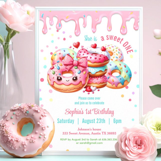 1st Birthday Sweet One Cute Doughnut Pink Girl Invitation (1st Birthday Sweet One Cute Donut Pink Girl Invitation)