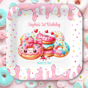 1st Birthday Sweet One Cute Doughnut Pink Girl Squ Paper Plate