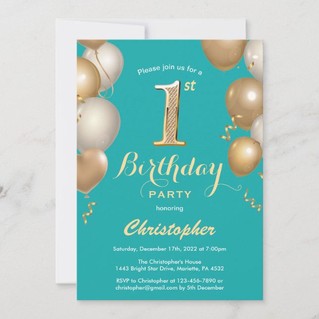 1st Birthday Teal and Gold Balloons Confetti Invitation (Front)