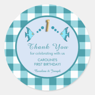 1st Birthday Teal Blue Gingham Fish Thank You Classic Round Sticker