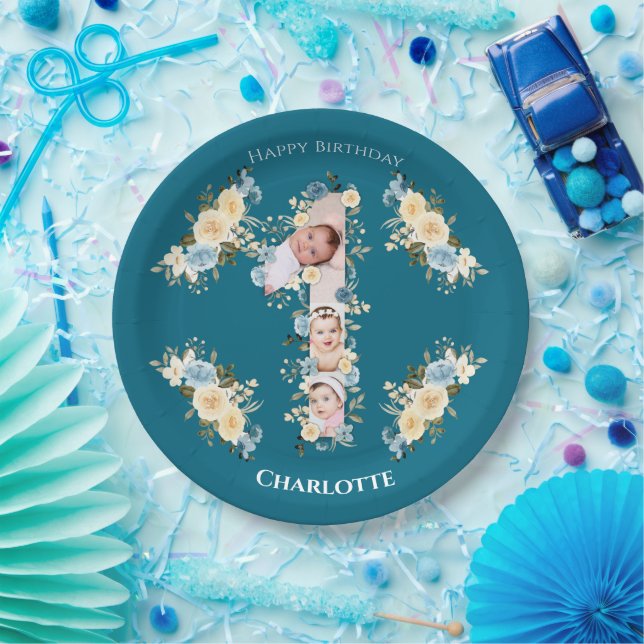 1st Birthday Teal Photo Collage Blue Yellow Flower Paper Plate (Party)