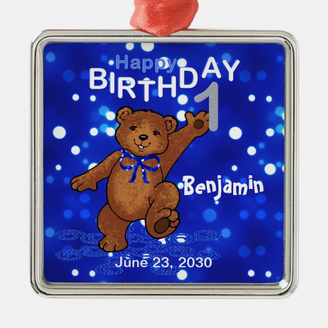1st Birthday Teddy Bear Keepsake Metal Tree Decoration (Front)