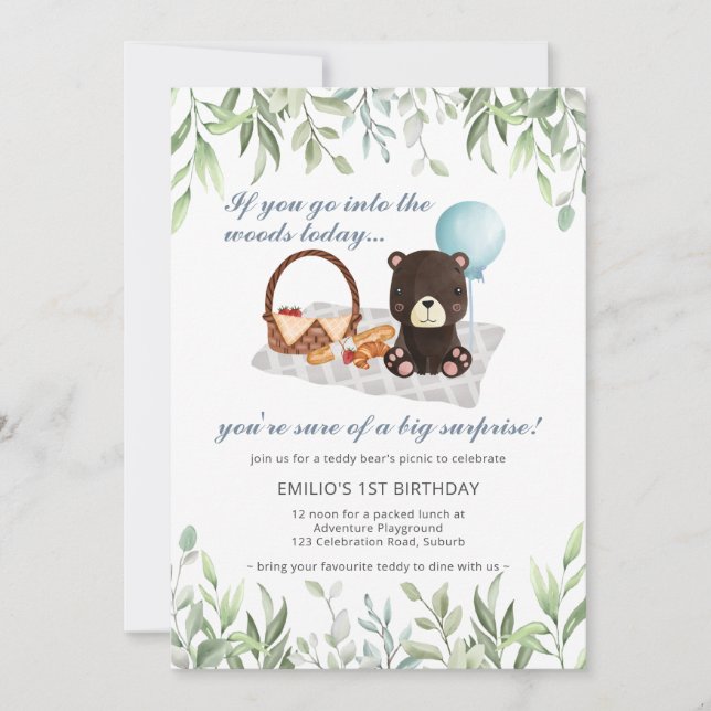 1st Birthday Teddy Bear Picnic Blue Greenery Invit Invitation (Front)