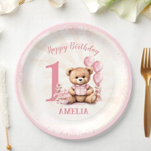 1st Birthday Teddy Bear Pink Balloons Paper Plates (1st Birthday Teddy Bear Pink Balloons Paper Plates)