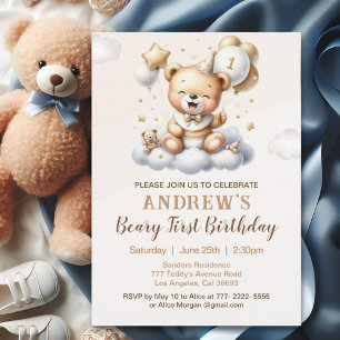 1st Birthday Teddy Bear with Brown Balloons Invitation