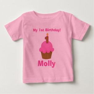 1st Birthday Tshirt Pink Cupcake with Candle