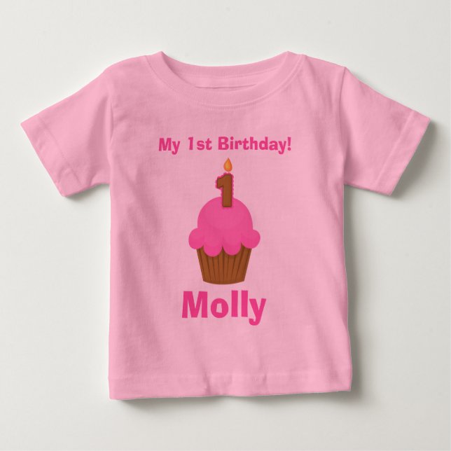 1st Birthday Tshirt Pink Cupcake with Candle (Front)
