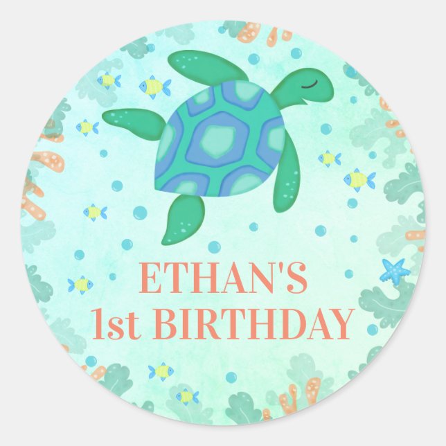 1st Birthday Turtle Under The Sea Party Classic Round Sticker (Front)