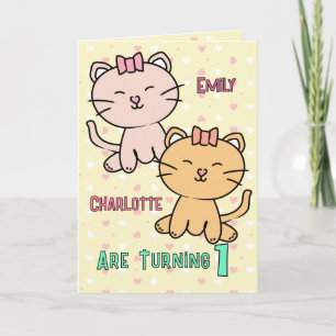 1st Birthday Twin Girls Cute Cat Cartoon Adorable Card