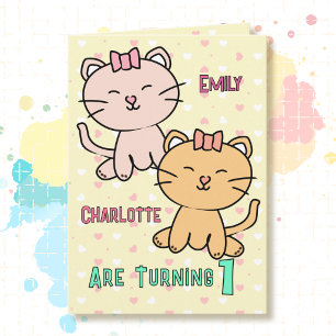 1st Birthday Twin Girls Cute Cat Cartoon Adorable Card
