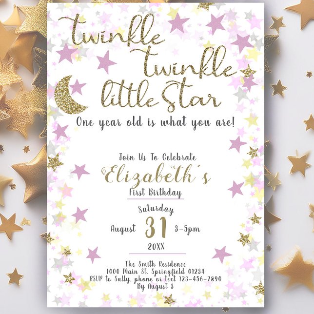 1st Birthday Twinkle Little Star Gold Girl  Invitation (Creator Uploaded)