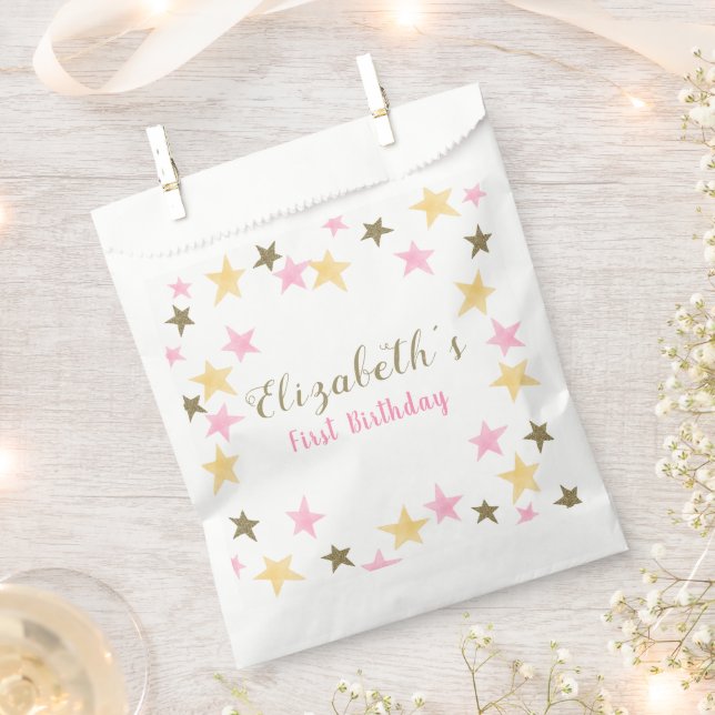 1st Birthday Twinkle Little Star Pink Gold Girl  Favour Bags (Clipped)