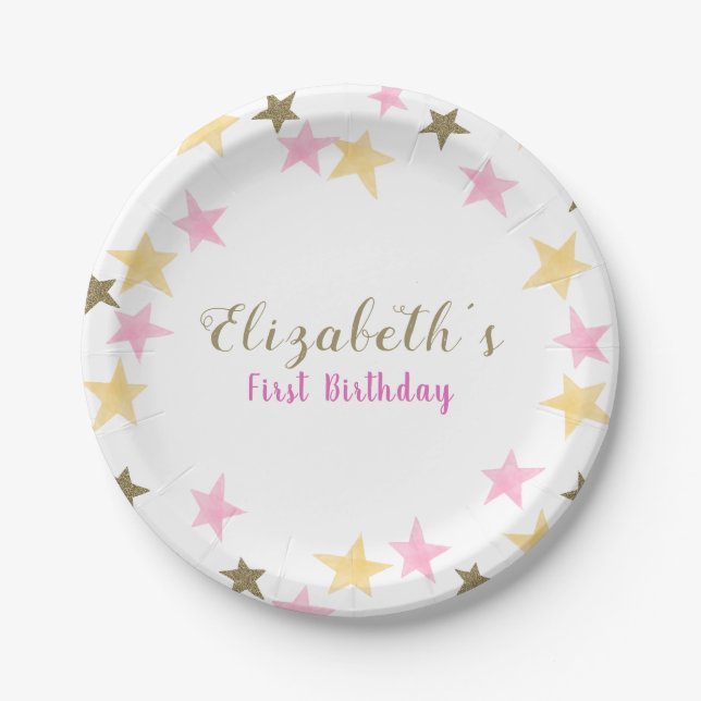 1st Birthday Twinkle Little Star Pink Gold Girl  Paper Plate (Front)
