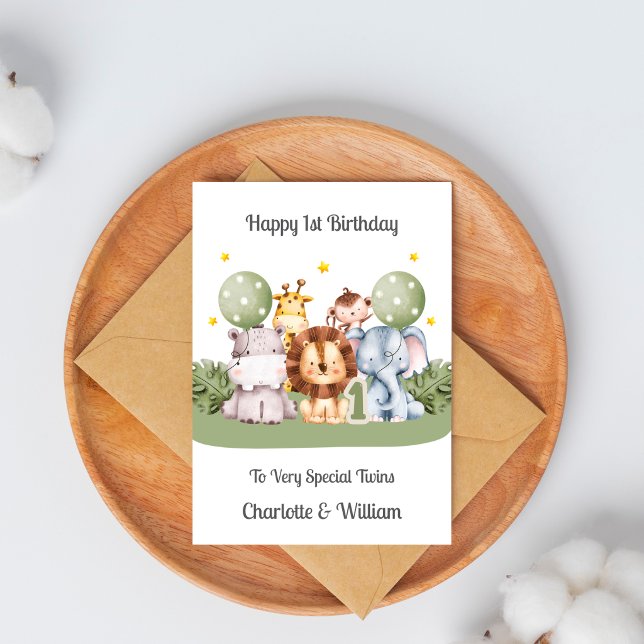 1st Birthday Twins Safari Leaf Animals Card (Creator Uploaded)