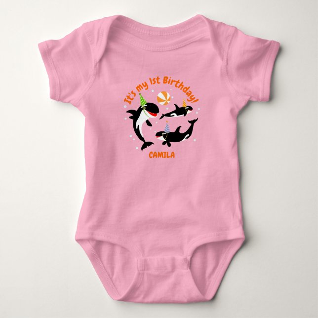 1st birthday under the sea orca whale baby girl bodysuit (Front)