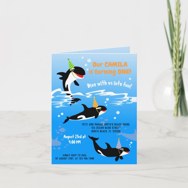 1st birthday under the sea orca whale baby girl invitation (Front)