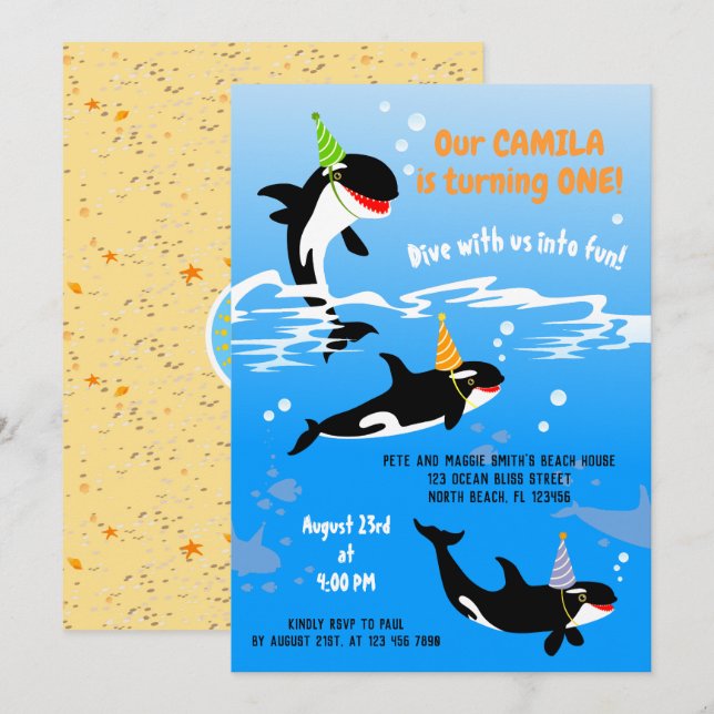 1st birthday under the sea orca whale baby girl invitation (Front/Back)