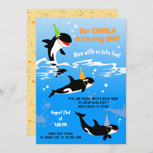 1st birthday under the sea orca whale baby girl invitation