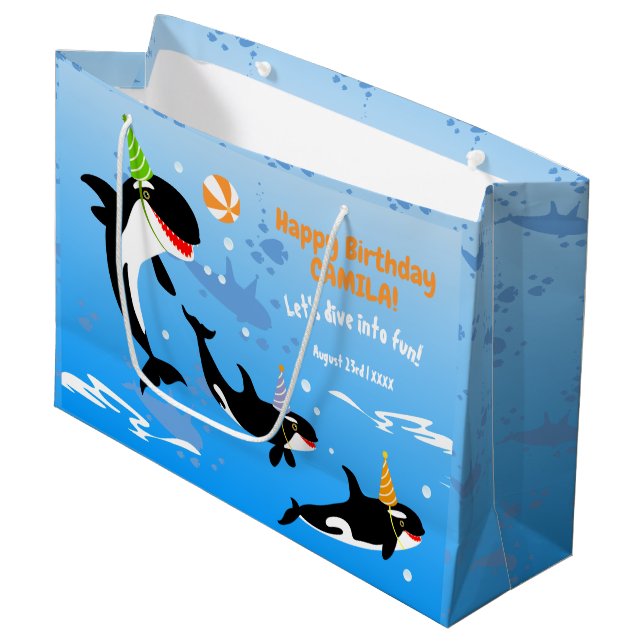1st birthday under the sea orca whale baby girl large gift bag (Front Angled)