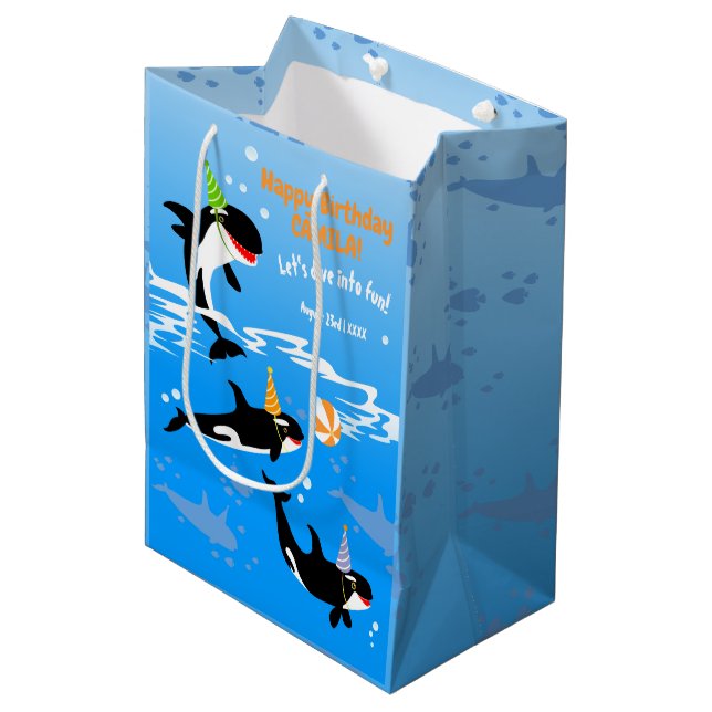 1st birthday under the sea orca whale baby girl medium gift bag (Front Angled)