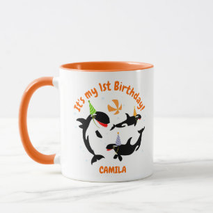 1st birthday under the sea orca whale baby girl mug