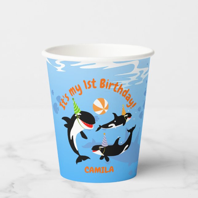 1st birthday under the sea orca whale baby girl paper cups (Front)