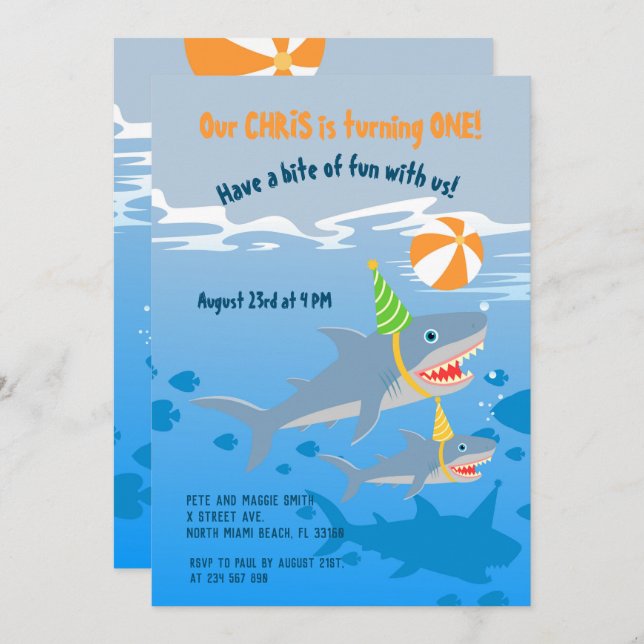 1st birthday under the sea shark whale boy party invitation (Front/Back)