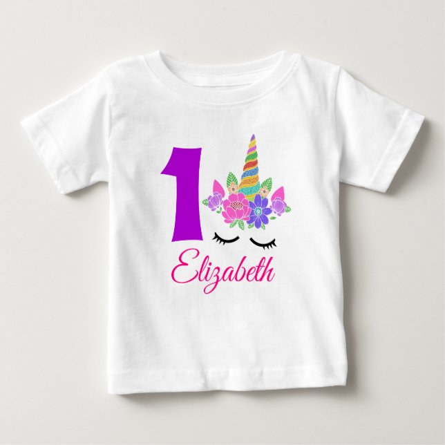 1st Birthday Unicorn Themed Baby T-Shirt (Front)