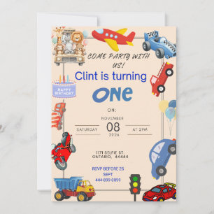 1st Birthday Vehicle toys Invitation