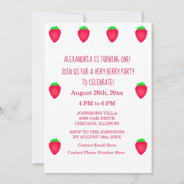 1st Birthday Very Berry Cute Strawberry Party Girl Invitation (Front)