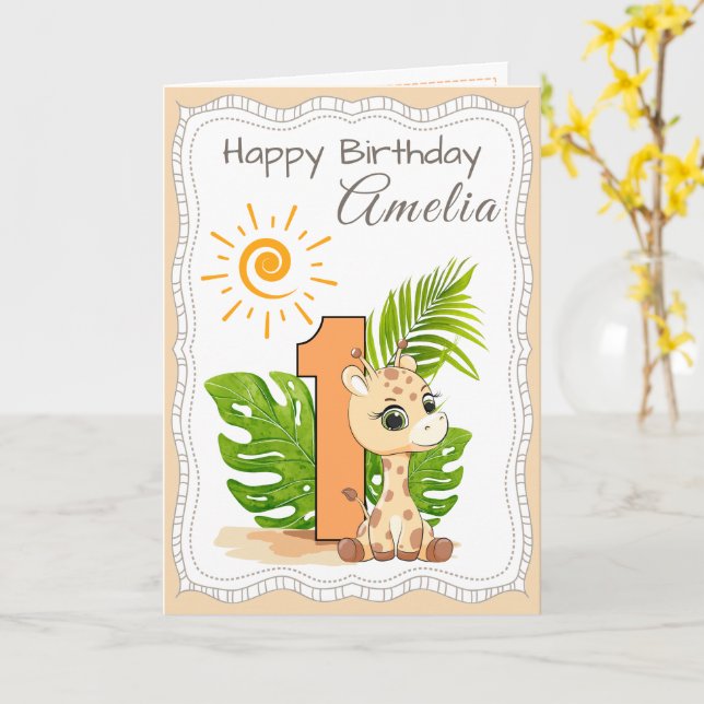 1st Birthday Watercolor Animals Card (Yellow Flower)