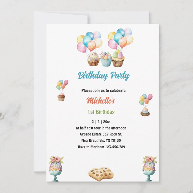 1st birthday watercolor cupcakes  invitation (Front)