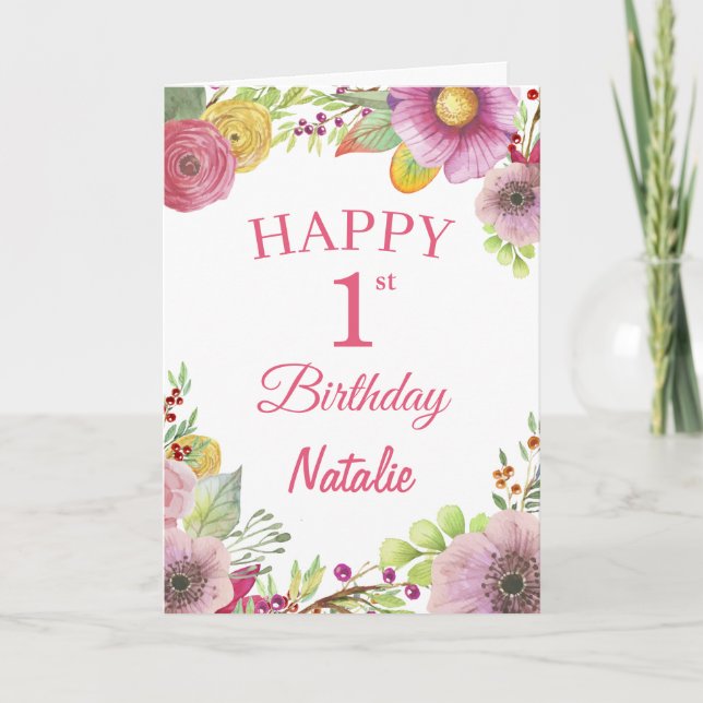 1st Birthday Watercolor Floral Flowers Pink Card (Front)