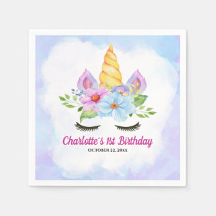 1st Birthday Watercolor Floral Magical Unicorn Napkin
