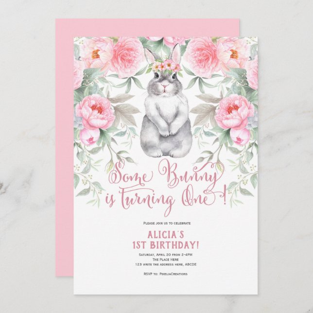 1st Birthday, Watercolor Flower, Some bunny is one Invitation (Front/Back)