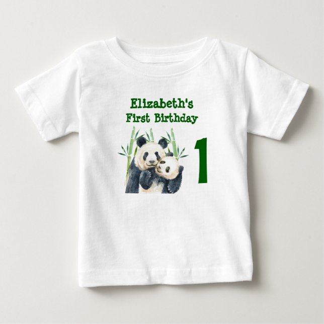 1st Birthday Watercolor Panda Bears Watercolor Baby T-Shirt (Front)