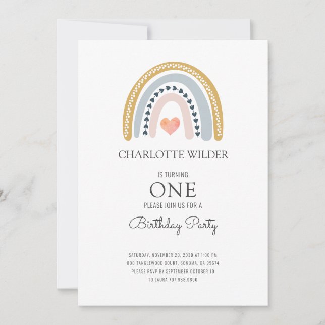 1st Birthday Watercolor Rainbow Invitation (Front)