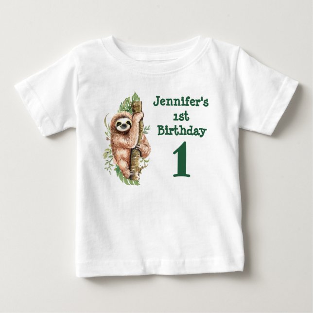 1st Birthday Watercolor Sloth & Tropical Leaves Baby T-Shirt (Front)