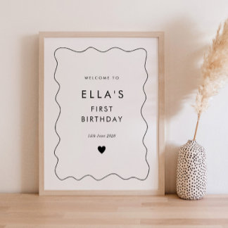 1st Birthday Wavy Border Heart Welcome Poster