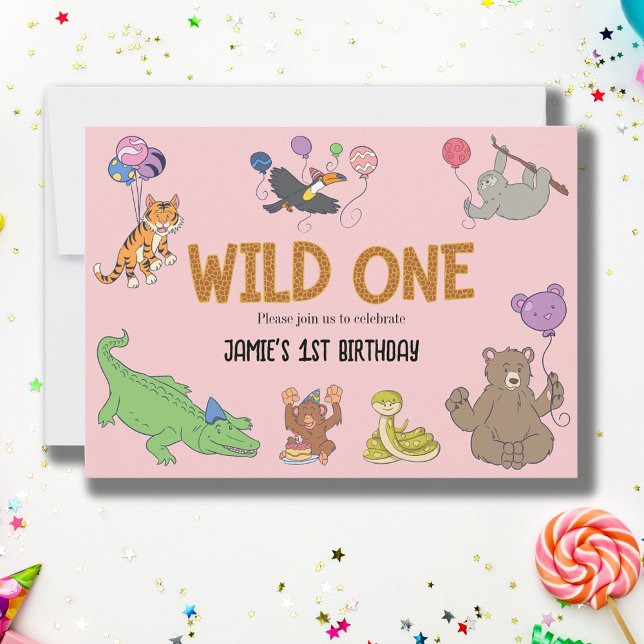 1st Birthday Wild One Jungle Safari Animals Invitation (Wild one 1st birthday pink safari jungle birthday invitation.)