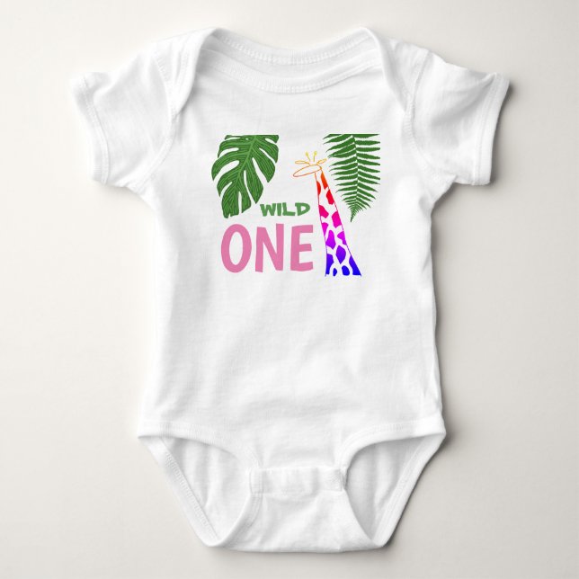 1st Birthday Wild One Pink Giraffe Safari Jungle Baby Bodysuit (Front)