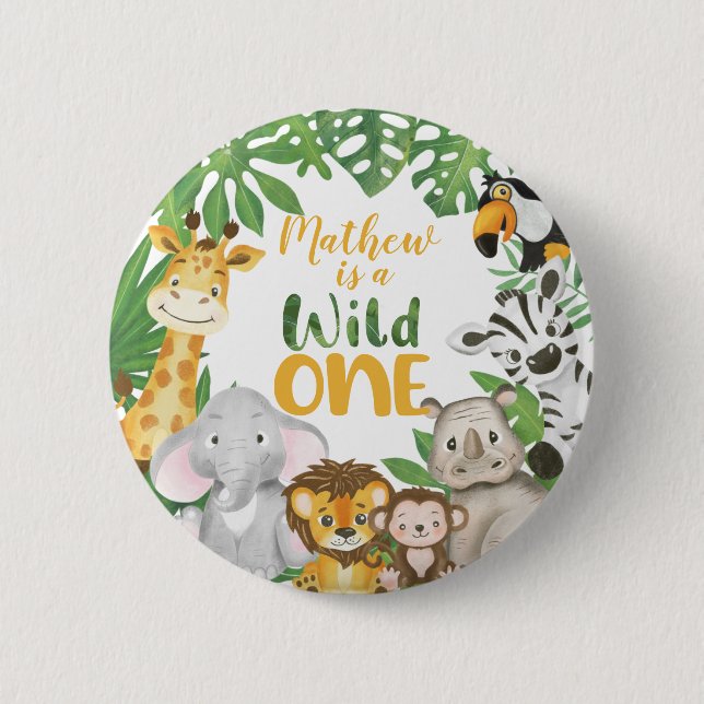 1st Birthday Wild One Safari Jungle Themed Button (Front)