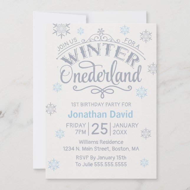 1st Birthday Winter Onederland Silver Snowflakes B Invitation (Front)