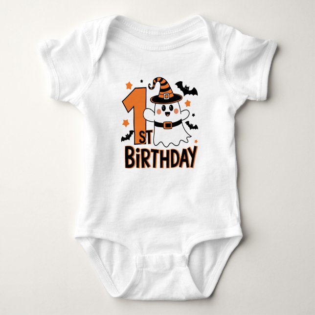  1st Birthday with Ghost and Bats Halloween  Baby Bodysuit (Front)