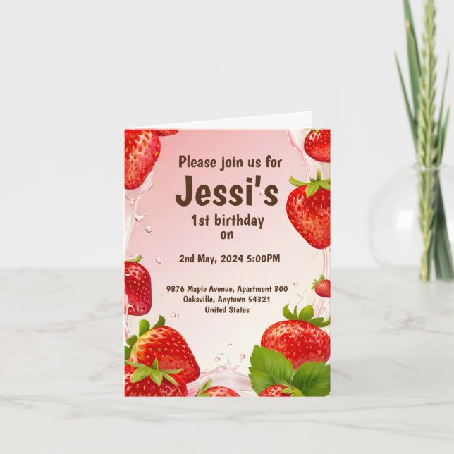 1st birthday with strawberry juice splash invitation (Front)