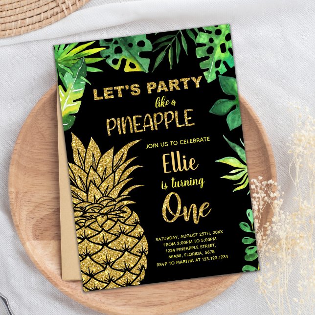 1st Black Golden Glitter Pineapple Invitations (1st Black Golden Glitter Pineapple Invitations)