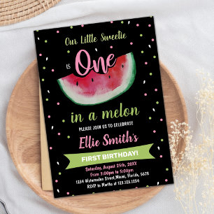 1st Black Green Watermelon Birthday Invitations
