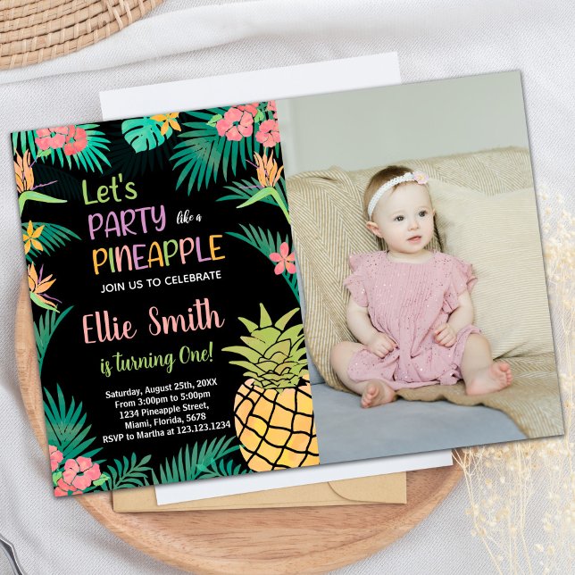 1st Black Orange Green Pineapple with photo  Invitation (1st Black Orange Green Pineapple with photo Invitation)